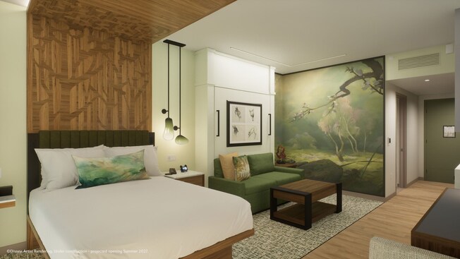 A studio with a king bed, Bambi inspired artwork and a nature mural at Disney Lakeshore Lodge