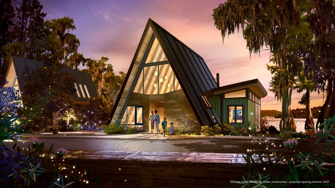 Artist rendering of family outside an A-frame cabin at Disney Lakeshore Lodge at dusk