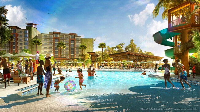 Artist rendering of Guests enjoying a pool with a water slide at Disney Lakeshore Lodge