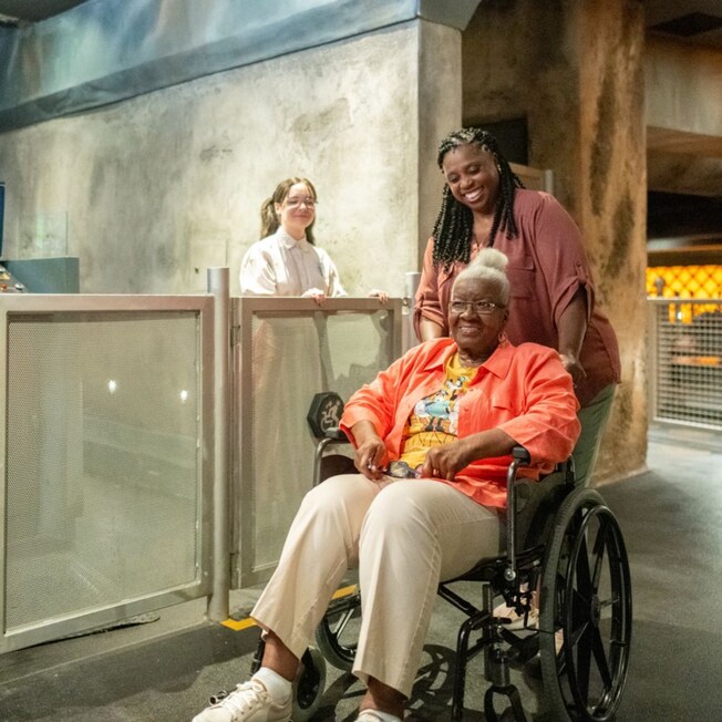 A woman pushes another woman in a wheelchair while a female Cast Member smiles on.