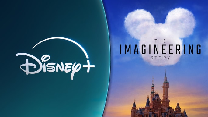 The Disney plus logo beside an image featuring a Mickey Mouse shaped cloud above a castle with the title: The Imagineering Story