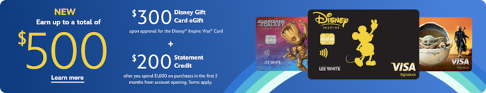 A banner with 3 Disney Premier Visa Cards featuring text that says you can get a 200 dollar Disney Gift Card eGift, upon approval for the Disney Premier Visa Card, plus earn a 200 dollar statement credit after you spend 500 dollars on purchases in the first 3 months from the account opening, terms apply, member FDIC