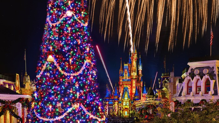 An illuminated Christmas tree on Main Street at Magic Kingdom park