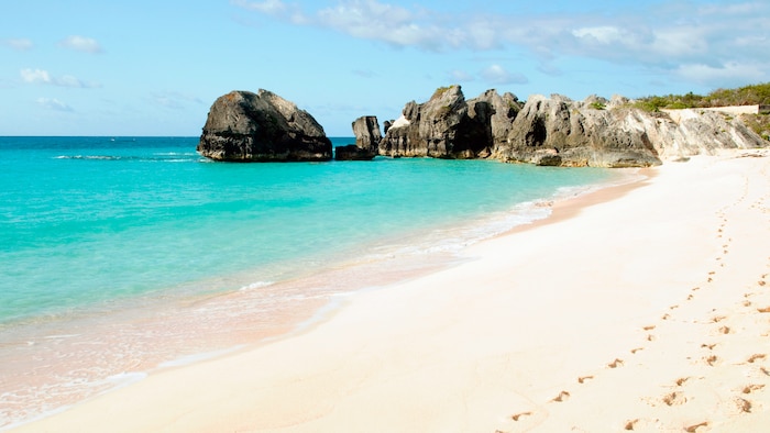 Des rangées d’empreintes de pas descendent une plage de sable en direction de dunes et d’un affleurement rocheux
