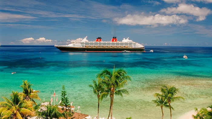 Un navire de Disney Cruise Line se trouve au large de la côte avec des palmiers au premier plan