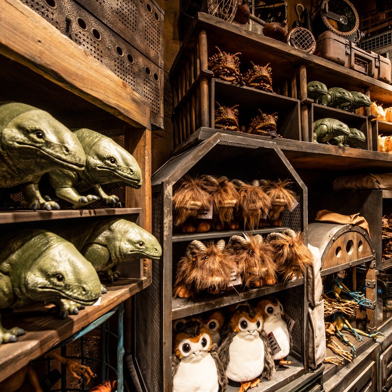 Varias criaturas de Star Wars, incluyendo dewbacks, banthas, wampas y porgs, esperan ser adoptadas en cajas y cajones.