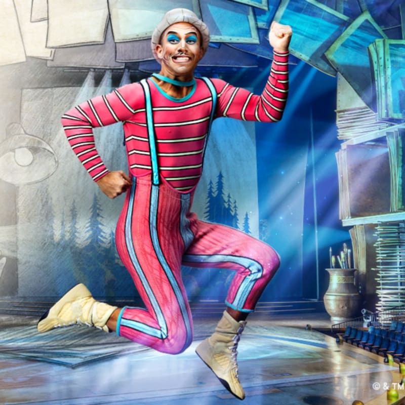 A performer jumping through the air at Drawn to Life, presented by Cirque du Soleil & Disney