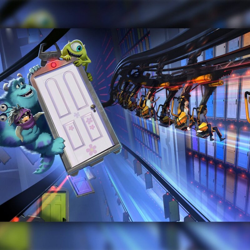 Mike Wazowski, Sully and Boo holding onto a dangling door as riders fly through Monstropolis
