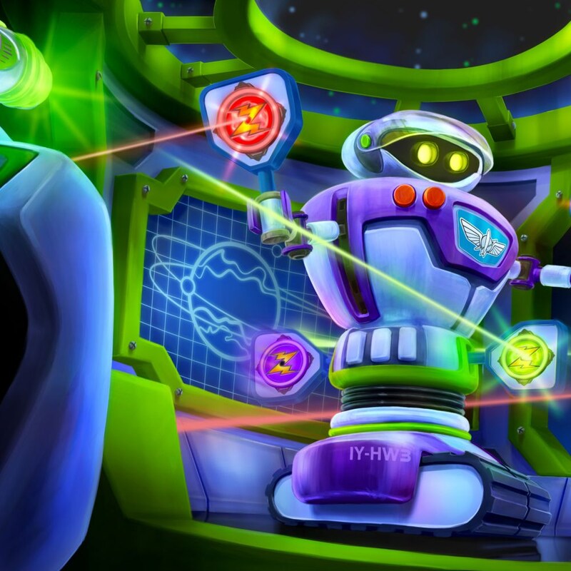 Personas en Buzz Lightyear’s Space Ranger Spin apuntando pistolas láser a los objetivos en un robot espacial
