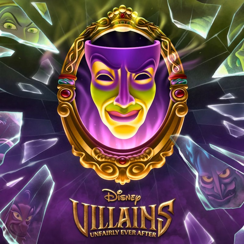 A promotional banner for Disney Villains, Unfairly Ever After, featuring broken shards of glass displaying the faces of various Disney villains