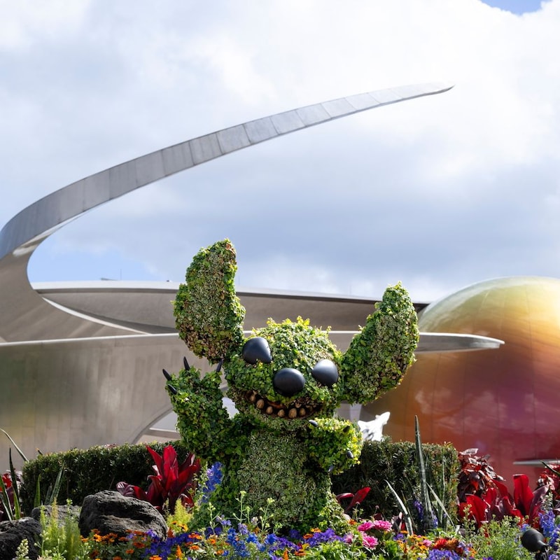 A Stitch topiary located near the Mission Space attraction at the Epcot International Flower and Garden Festival