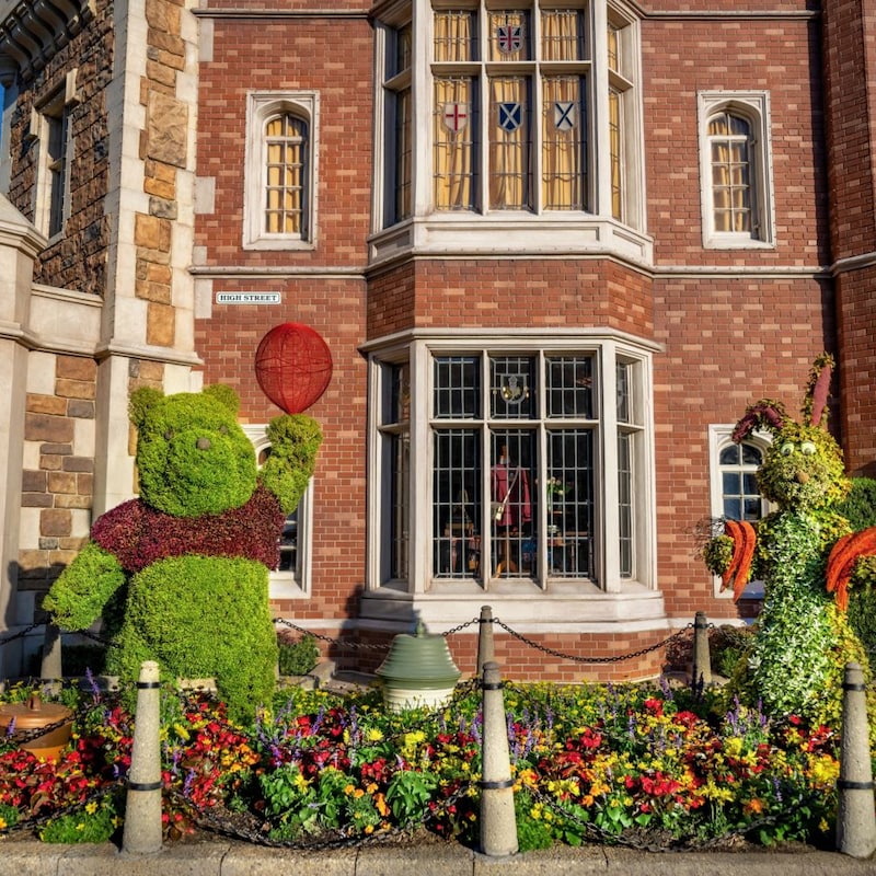 Winnie The Pooh and Rabbit topiaries in the United Kingdom Pavilion at the Epcot International Flower and Garden Festival