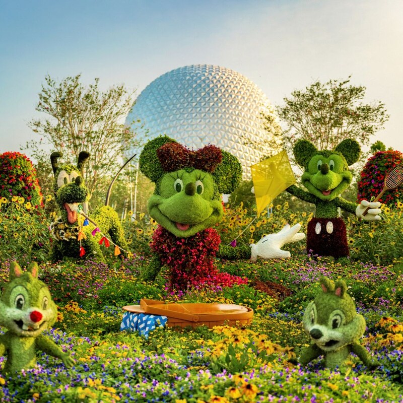 Topiaries of Minnie Mouse, Pluto, Mickey Mouse, Chip and Dale at the Epcot International Flower and Garden Festival