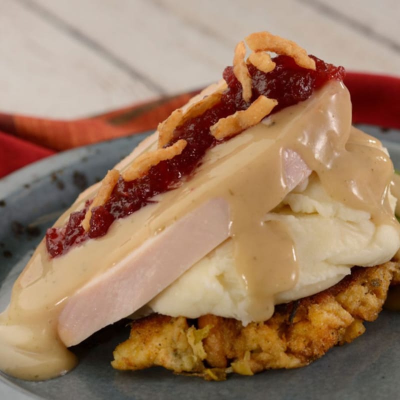 Turkey served with mashed potatoes, stuffing and cranberry sauce