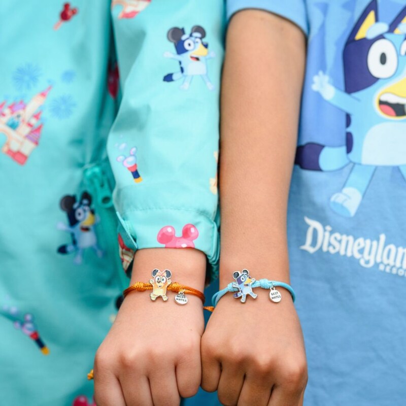 The arms of 2 kids wearing Bluey and Bingo Best Mates charm bracelets at Disneyland Resort