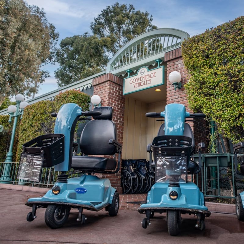 A collection of ECVs outside the Disneyland Stroller Shop