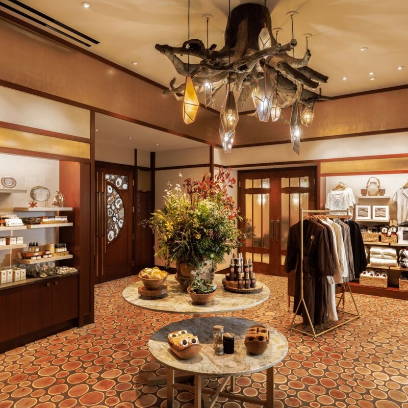 The retail boutique at Tenaya Stone Spa with special flooring that uses wood rounds that resemble the life of a tree and what is inside of it.