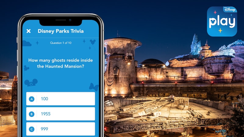 Star Wars Galaxy's Edge, the Play Disney Parks app logo and a smartphone displaying a Disney Parks Trivia screen