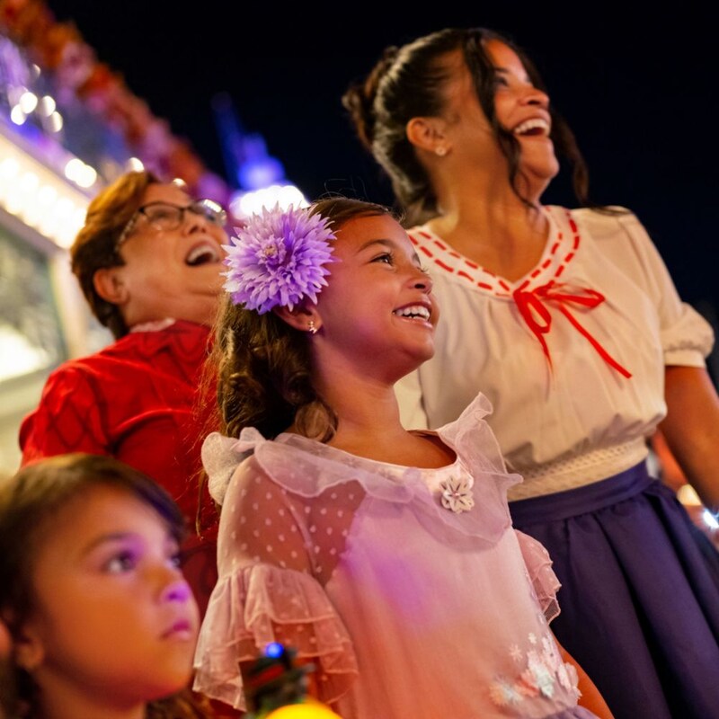 Una familia de 3 generaciones ve un espectáculo nocturno en Walt Disney World Resort