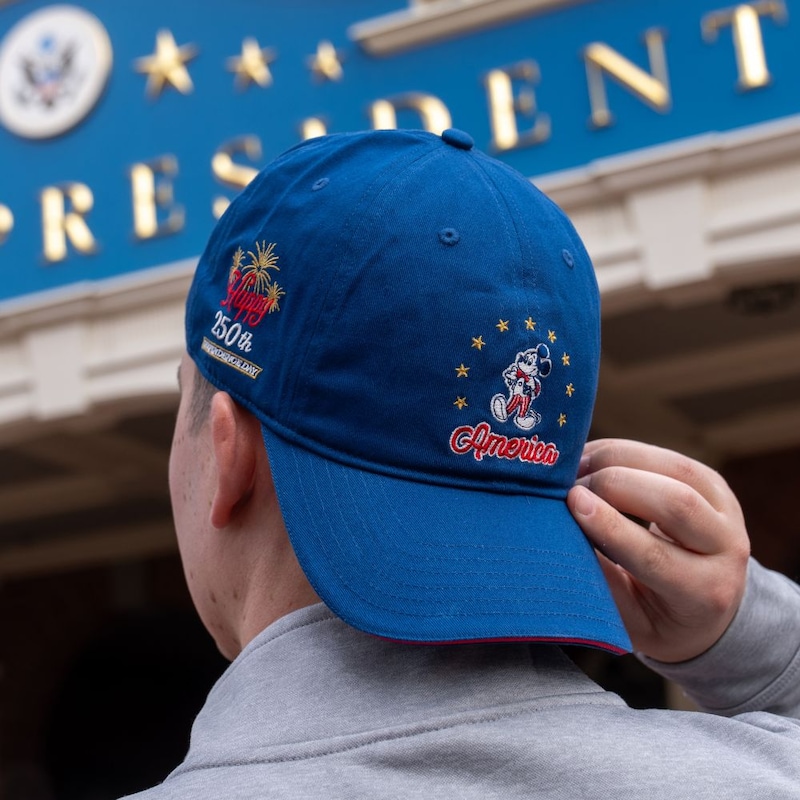 The back of a Guest’s head with a baseball hat commemorating America’s 250th Independence Day