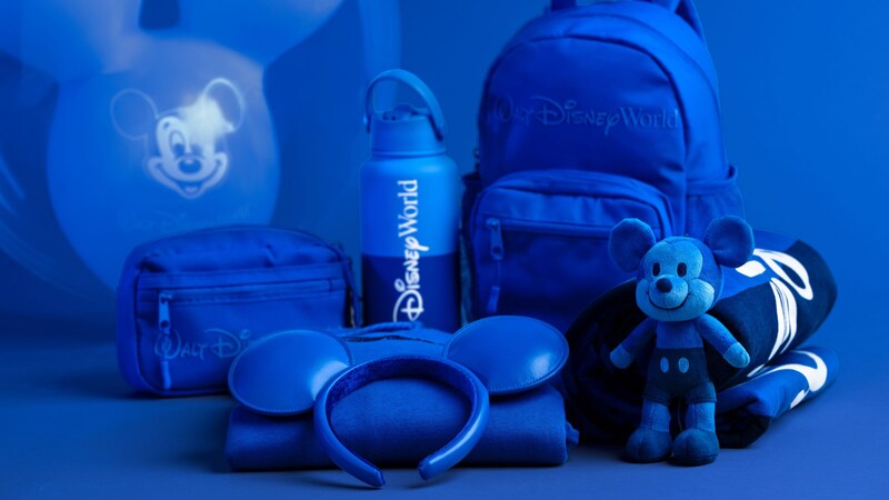 Walt Disney World merchandise, including a backpack, water bottle, Mickey Mouse ear headband, tote bag and Mickey Mouse plush