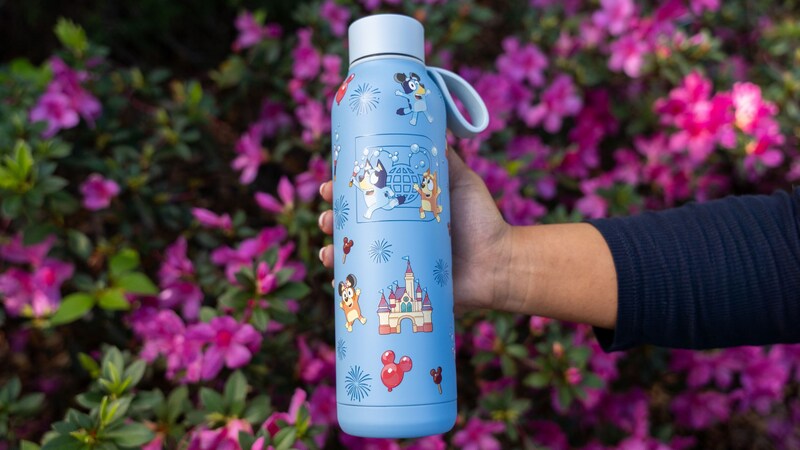 A Walt Disney World themed water bottle featuring Bluey and Bingo