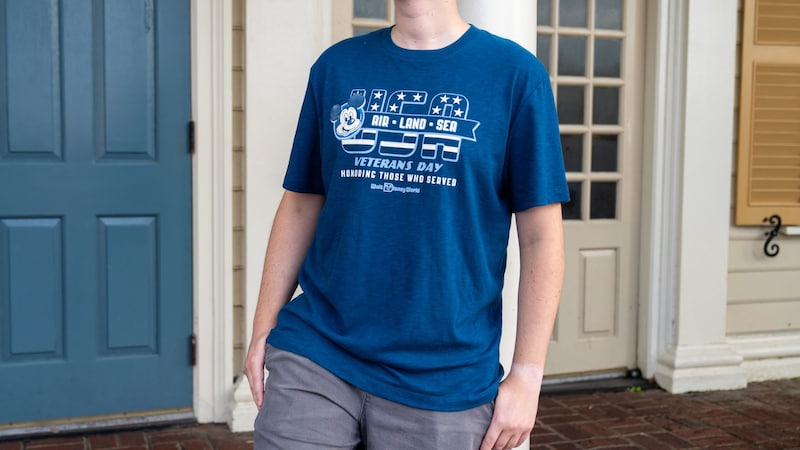 A man wearing a shirt featuring a 'USA Air, Land, Sea' Veterans Day design with a Mickey Mouse icon