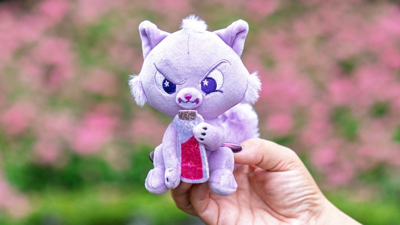 A hand holding a small cat plush toy
