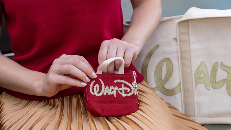 A hand holding a small bag embroidered with the Walt Disney World script logo