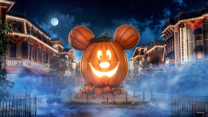 A Giant Mickey Pumpkin on Main Street U.S.A., during Halloween Time at the Disneyland Resort.