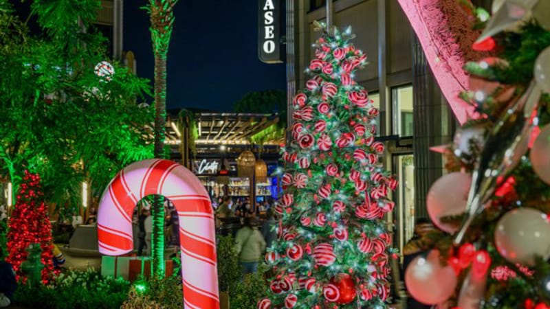 Downtown Disney District, including Paseo and Centrico, decorated for Christmas