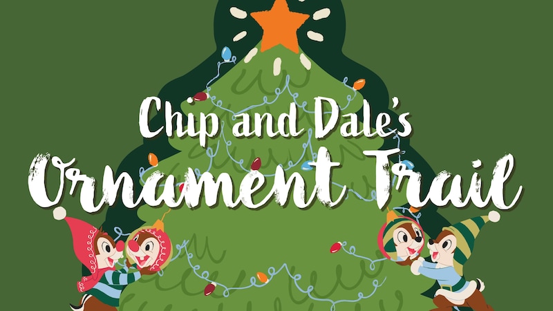 A logo for Chip and Dale’s Ornament Trail featuring Chip and Dale decorating a tree