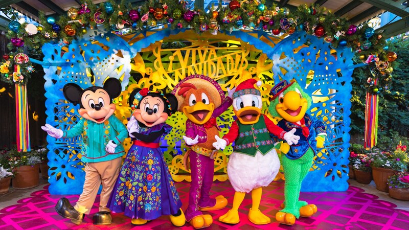 Mickey Mouse, Minnie Mouse and The Three Caballeros wearing Disney Viva Navidad Street Party outfits
