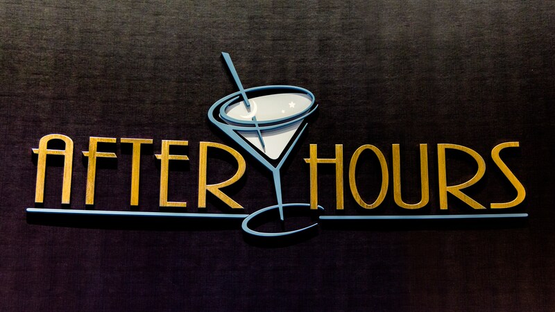 A sign reads After Hours and features a logo shaped like a martini glass