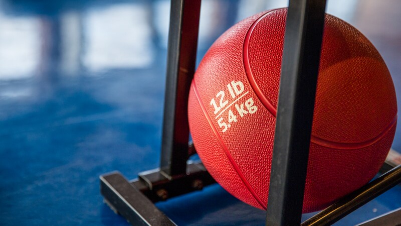 Medicine ball with textured surface and lettering that reads 12 lb 5.4 kg