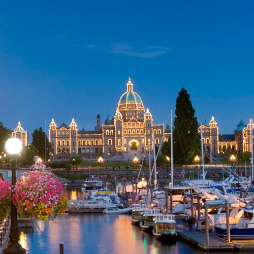 A marina filled with boats sits in front of a large building lined with lights with a domed roof