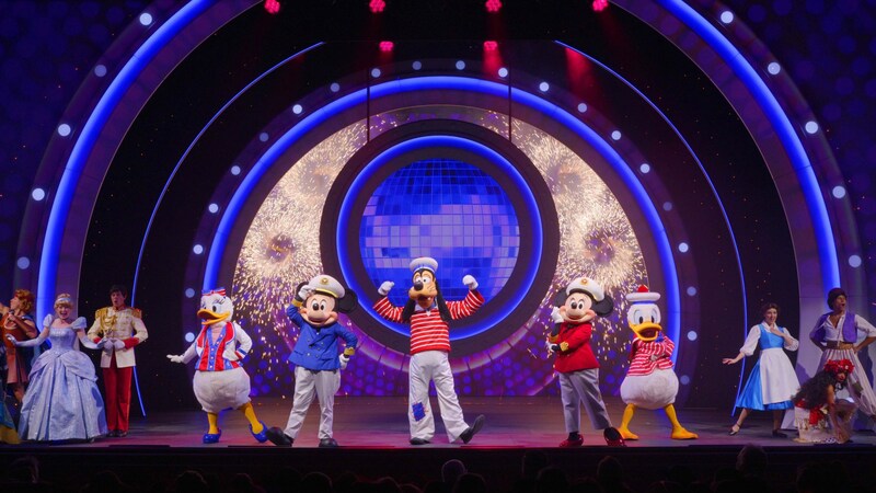 Goofy, Captain Mickey Mouse and Captain Minnie Mouse are joined with friends onstage at the Disney Seas the Adventure stage show