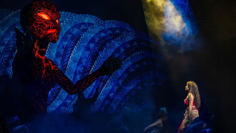 Moana encountering the goddess Te Ka during Disney The Tale of Moana, a stage show on board the Disney Treasure