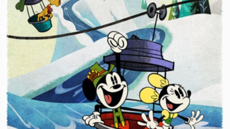 An illustration of Mickey Mouse, Minnie Mouse and Pluto riding in gondola cars