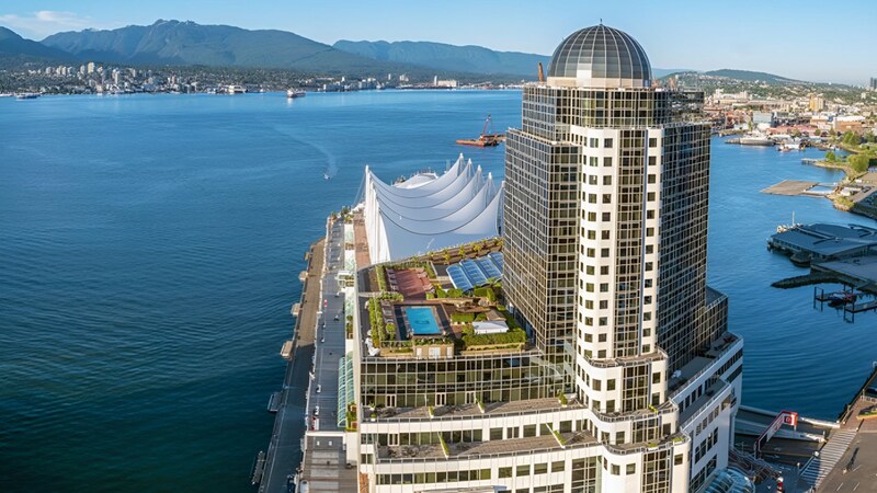 The Pan Pacific Hotel Vancouver and the waterfront of Coal Harbour in Vancouver, British Columbia