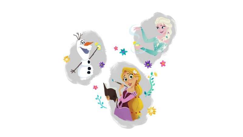 Illustrations of Elsa, Anna and Olaf from Frozen