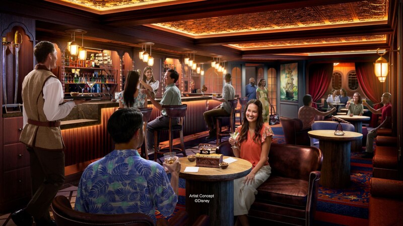 Guests enjoying beverages at the Buccaneer Bar on board the Disney Adventure