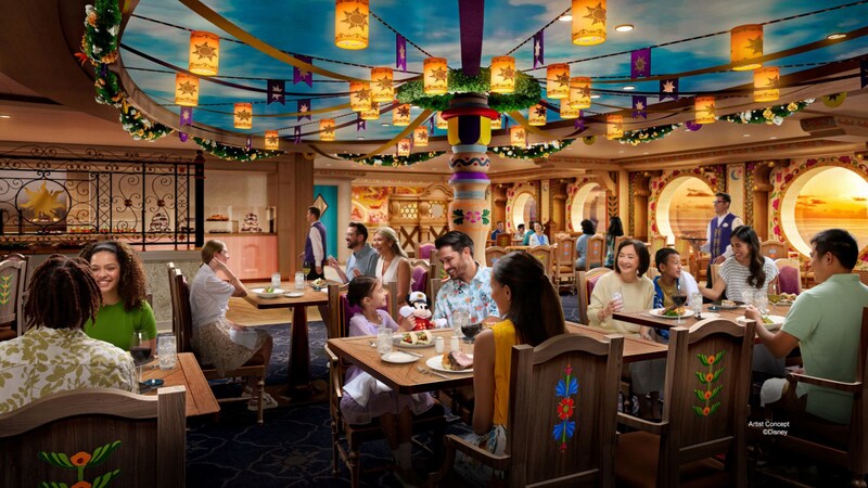 An artist rendering of Guests dining in the Tangled themed Maximus dining room at the Enchanted Summer Restaurant on the Disney Adventure