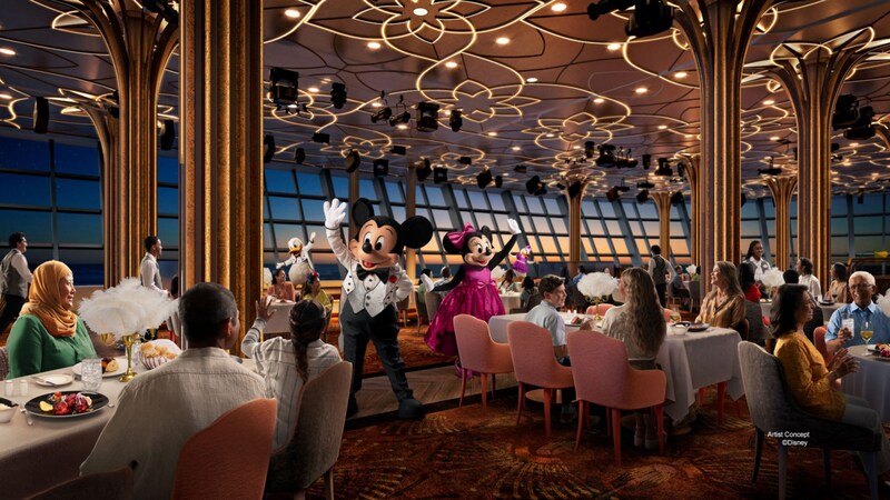 An artist rendering of several Disney Characters greeting Guests in the Hollywood Spotlight Club dinner club on the Disney Adventure