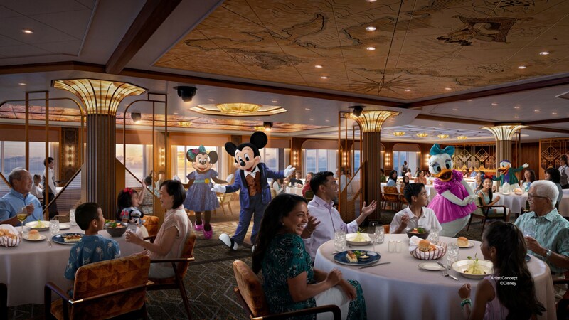 An artist rendering of several Disney Characters greeting Guests in the Navigator’s Club restaurant on the Disney Adventure