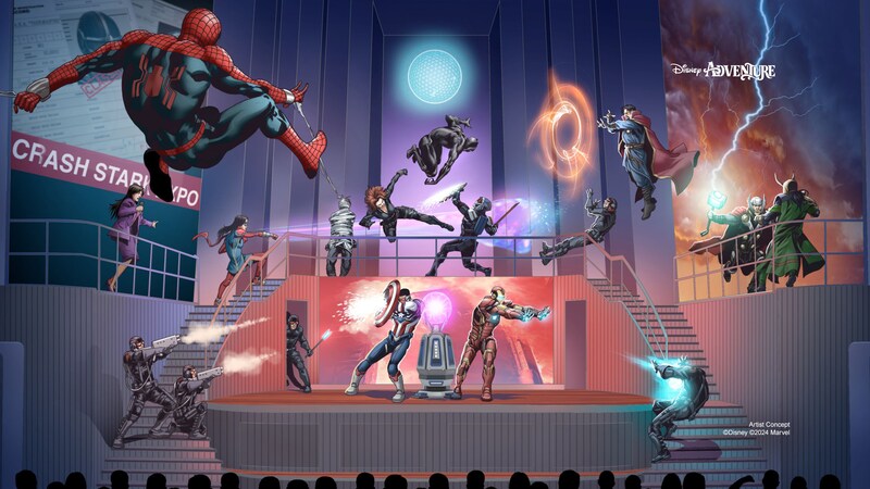 An artist rendering of the Avengers Assemble stage show on the Disney Adventure, featuring Marvel Super Heroes and Villains in combat	