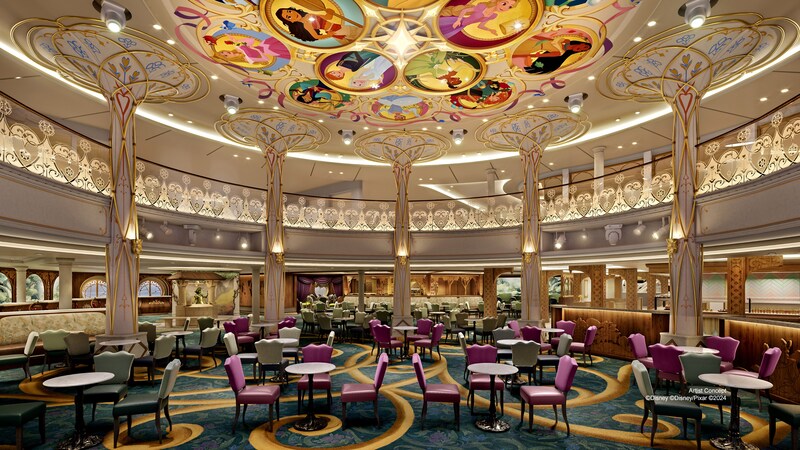 Artist rendering of Town Square, featuring a Disney princess-themed mural on the ceiling and ornate decor