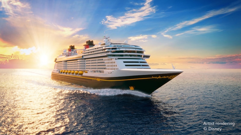 Artist conceptual rendering of the Disney Believe cruise ship sailing on the open ocean with a sunset in the distance