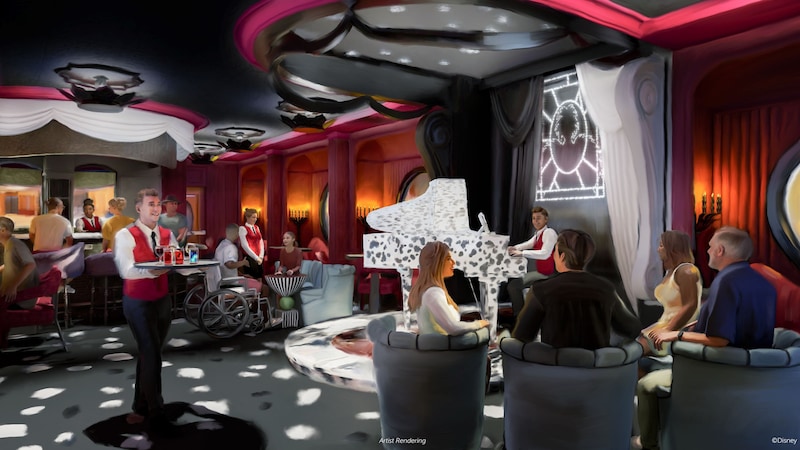 Artist rendering of Guests enjoying cocktails in a piano bar themed after Cruella De Vil from the Disney classic 101 Dalmatians
