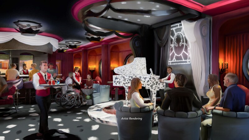 Artist rendering of Guests enjoying cocktails in a piano bar themed after Cruella De Vil from the Disney classic 101 Dalmatians